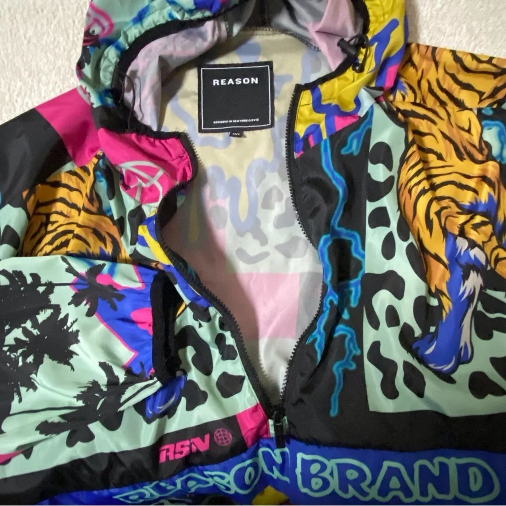 Reason Brand AOP AllOver Print Half-Zip Pullover Hooded Jacket Smiley Tiger RSN - Picture 5 of 14
